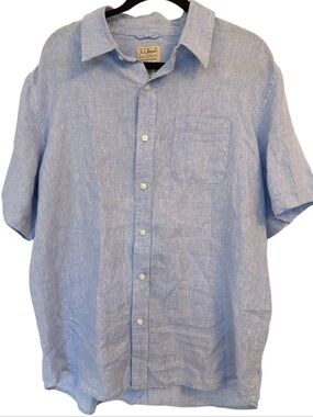 L.L.Bean Linen Button Down Shirt Mens Large Blue Short Sleeve Lightweight Summer
